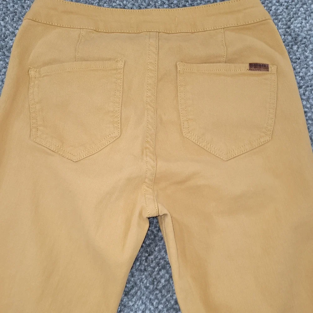 Rock & Roll Denim Mustard Yellow Bargain Button Bell Flare Jeans 29x34 Raw Hem